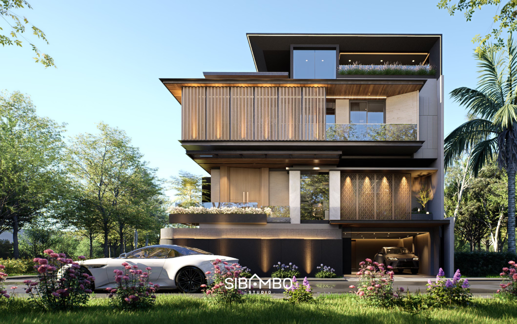 Fasad depan Zephyria House dengan balkon hijau dan aksen kayu pada rumah modern tiga lantai Jakarta Barat