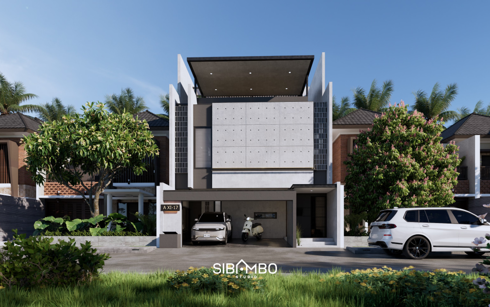 Tampak depan Compact House dengan beton ekspos dan bukaan minimal pada rumah industrial Jakarta