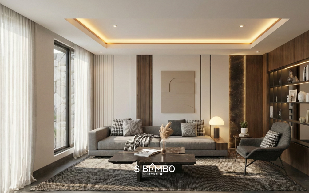 Ruang duduk Bumi Sampur Daria dengan panel kayu dan earth tone pada rumah modern tropis Depok