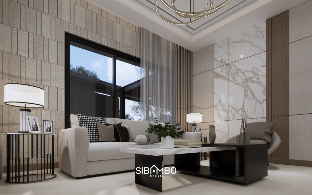 Ruang tamu VA Residence dengan backdrop marmer dan tone netral hasil renovasi interior di Banten