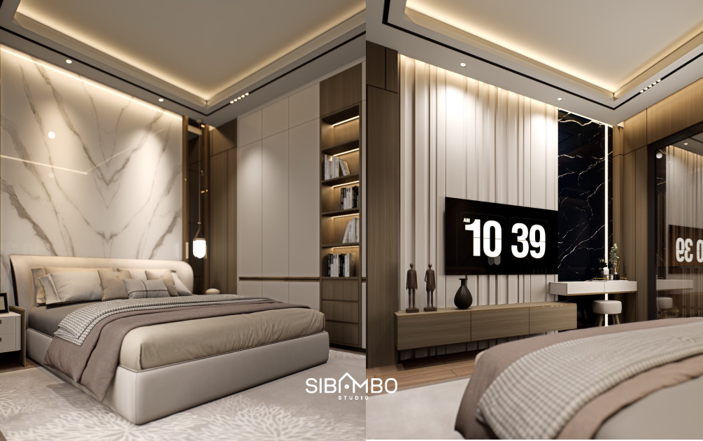 Kamar tidur utama Zephyria House dengan backdrop marmer dan aksen kayu pada rumah modern tiga lantai Jakarta Barat