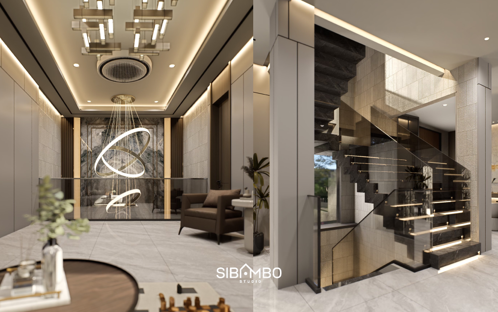 Foyer dan tangga Zephyria House dengan lantai marmer dan backdrop batu alam bernuansa mewah di Jakarta Barat