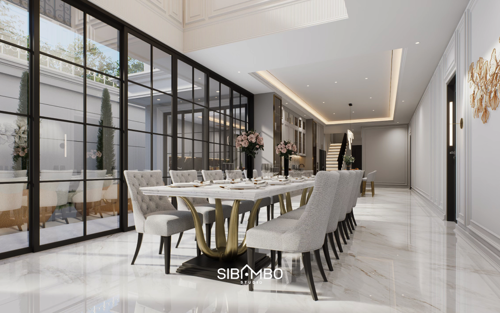 Ruang makan Harmonie Residence dengan meja marmer dan partisi kaca bernuansa elegan di Tangerang