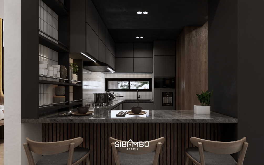Dapur Compact House dengan kabinet gelap dan island bernuansa modern di Jakarta