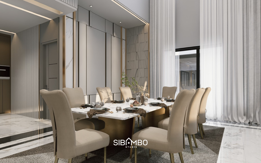 Ruang makan Casa Insieme dengan meja marmer dan panel dinding bernuansa elegan di Jakarta