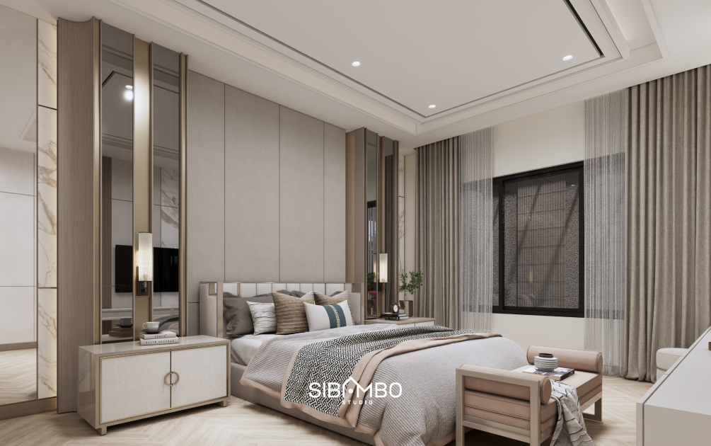 Kamar tidur utama VA Residence dengan headboard elegan dan aksen emas bernuansa modern di Banten