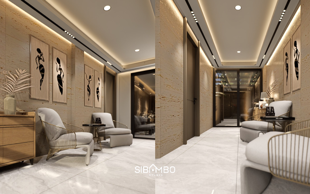 Area lounge Zephyria House dengan dinding travertine dan kursi santai bernuansa natural di Jakarta Barat