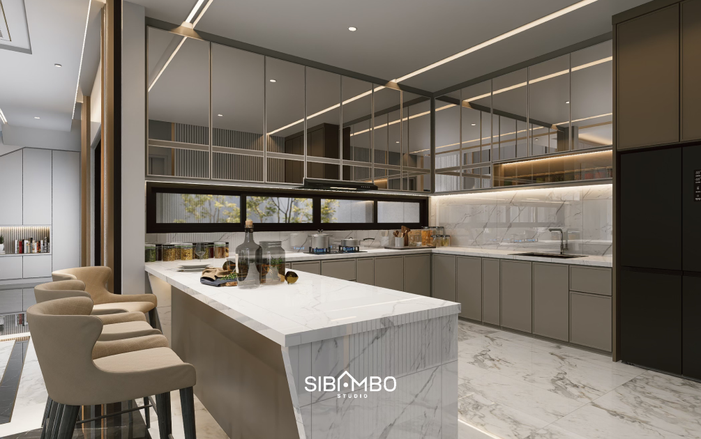 Dapur Casa Insieme dengan island marmer dan kabinet kaca bernuansa modern di Jakarta