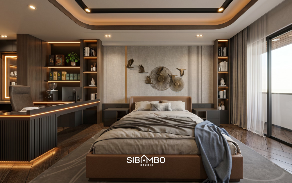 Kamar utama Casa Luminara dengan ruang kerja built-in pada rumah modern kontemporer Jakarta Selatan