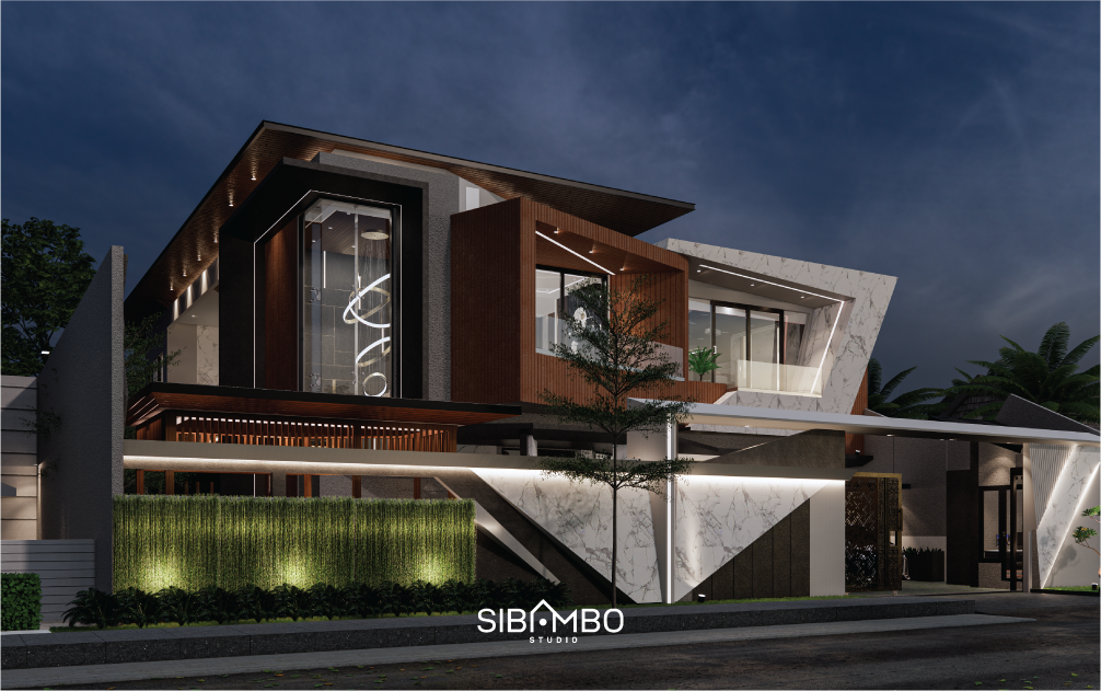Tampak malam Arsenio Palace dengan pencahayaan tersembunyi pada rumah modern kontemporer di Pati