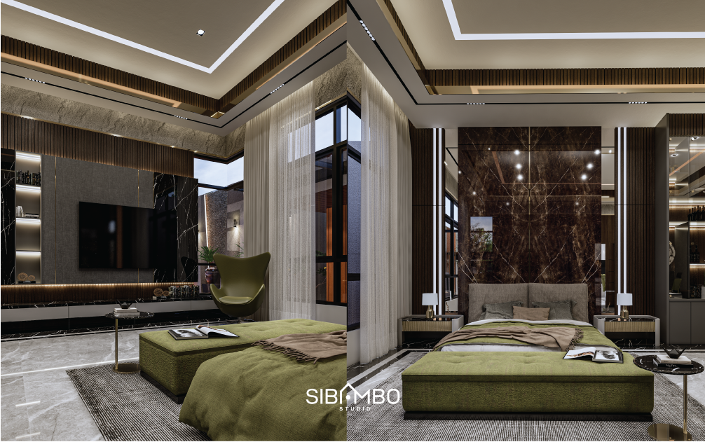 Kamar tidur utama Arsenio Palace dengan latar marmer cokelat gelap, panel kayu bersirip, dan area duduk