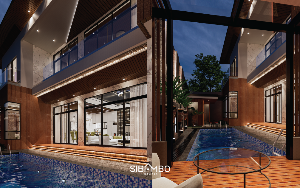 Kolam renang Arsenio Palace dengan deck kayu dan gazebo berangka gelap bergaya modern kontemporer