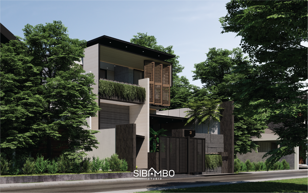 Fasad sudut Miracle Villa dengan sunshading geometrik dan vegetasi pada rumah modern minimalis Jakarta