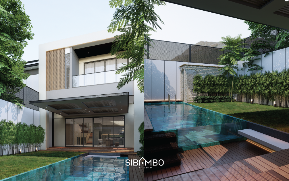 Kolam renang dan taman belakang Miracle Villa dengan decking kayu bernuansa resort di Jakarta