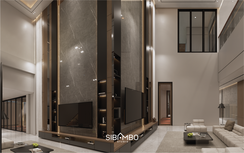 Ruang keluarga Miracle Villa dengan void tinggi dan backdrop marmer bernuansa mewah di Jakarta
