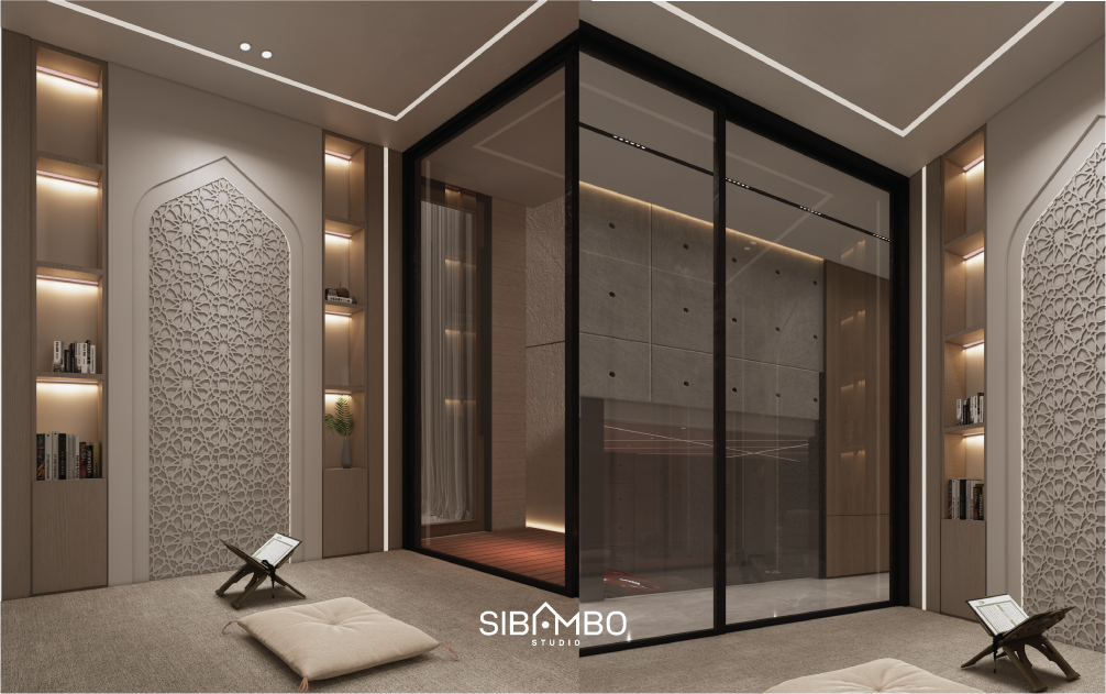 Mushola Miracle Villa dengan panel ukir geometrik dan pencahayaan hangat pada rumah modern minimalis Jakarta
