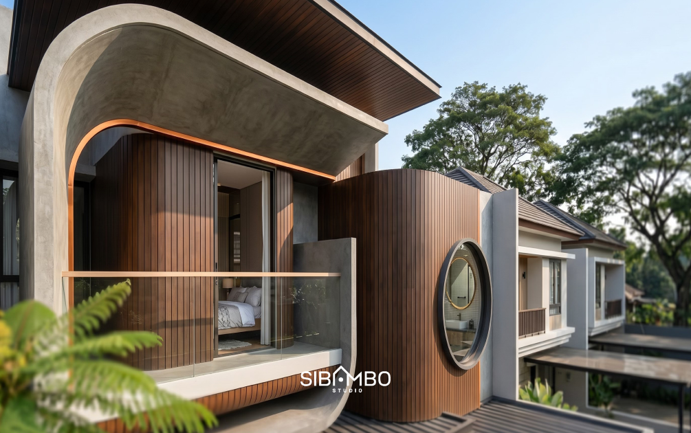 Detail balkon Elefate House dengan lengkung beton, panel kayu, dan jendela bulat pada rumah modern kontemporer