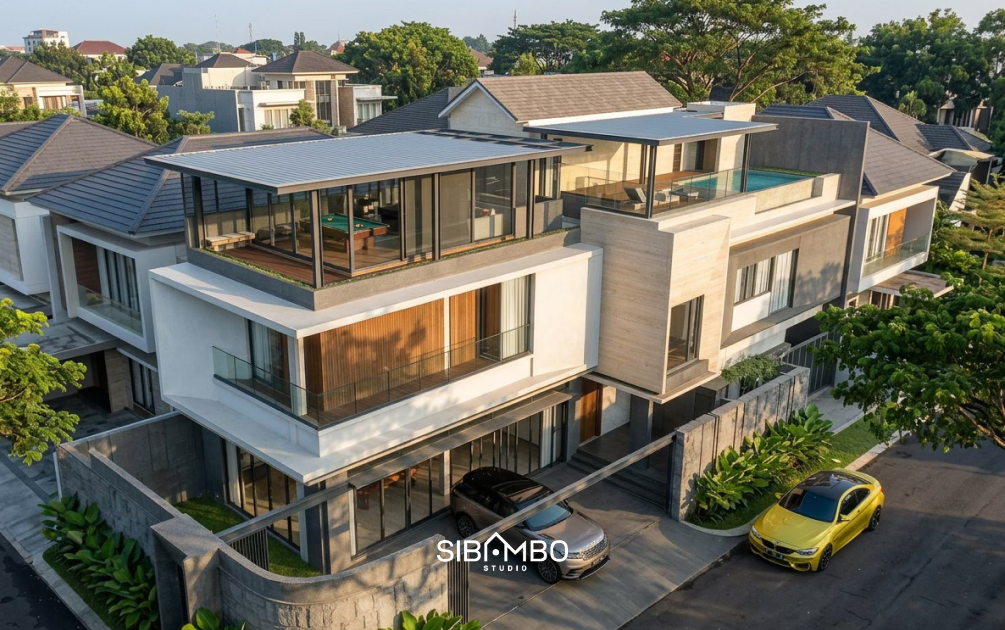 Tampak udara Axis House dengan rooftop berkanopi dan kolam renang pada rumah modern kontemporer di Pati