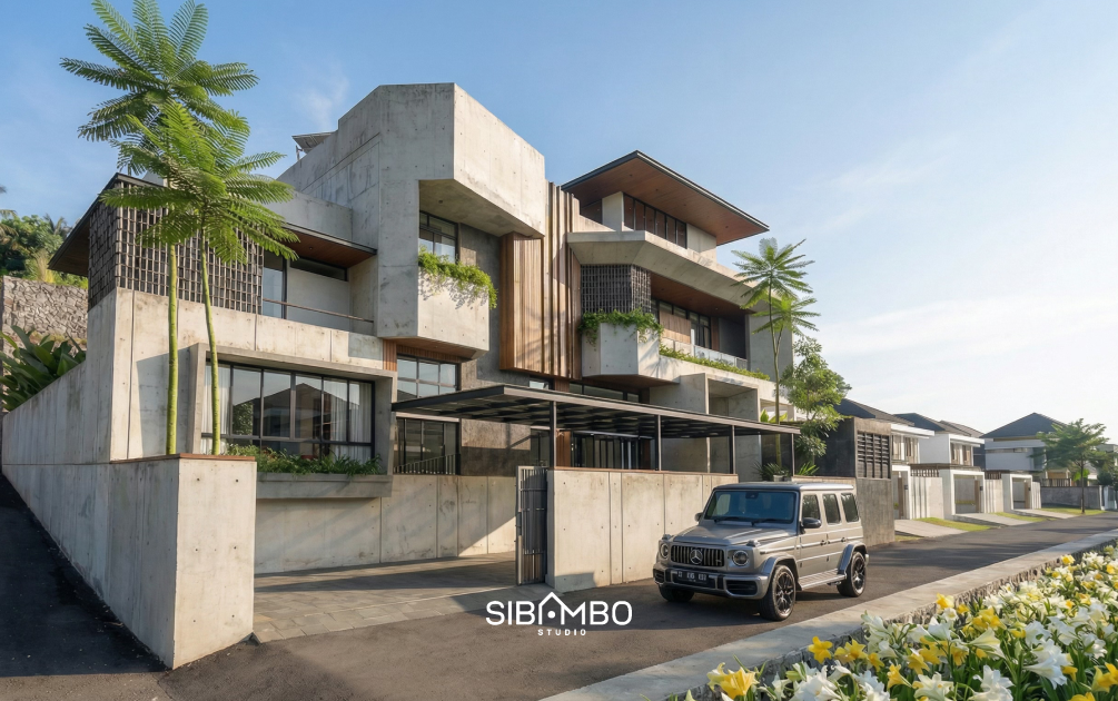 Fasad samping Mellifera Palace dengan beton ekspos dan taman gantung pada rumah modern tiga lantai Bontang