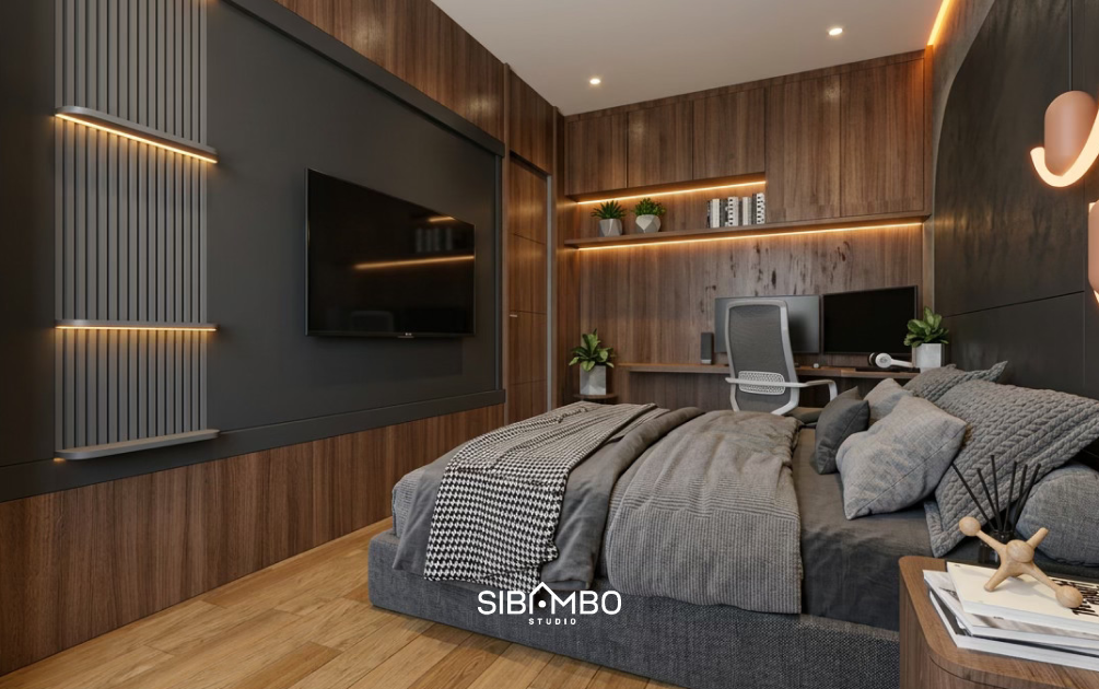 Kamar tidur utama Aureva House dengan panel kayu gelap, meja kerja menyatu, dan pencahayaan garis