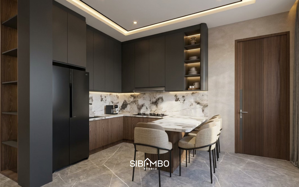 Dapur Axis House dengan kabinet gelap, backsplash marmer bermotif, dan meja bar berkursi enam