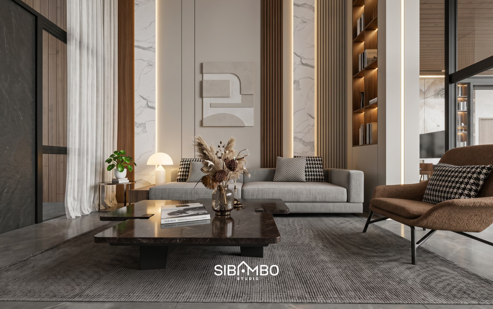 Ruang keluarga Mellifera Palace dengan void tinggi dan wall panel kayu bernuansa mewah di Bontang