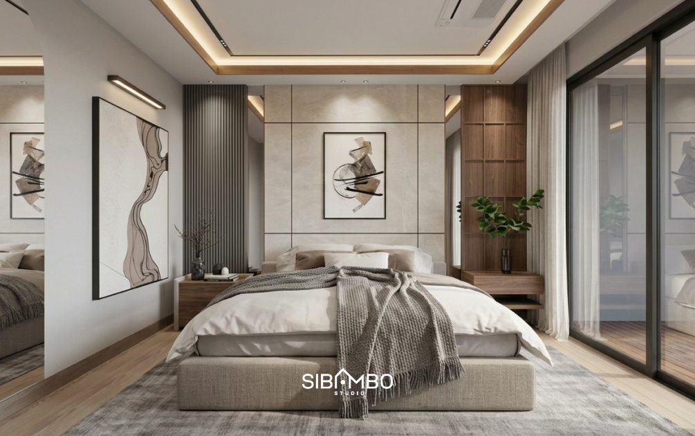 Kamar tidur utama Elefate House dengan panel dinding krem, aksen kayu, dan tirai tipis di Ciputat