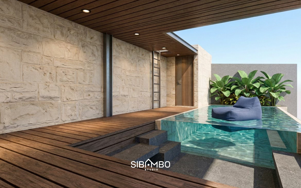 Area kolam renang Axis House dengan deck kayu, plafon kayu, dan dinding batu bertekstur